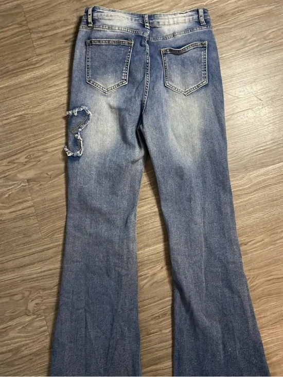 Y2K Butterfly Patch Flare Jeans Distressed Low Rise Boho Vintage Aesthetic Denim - Picture 7 of 8